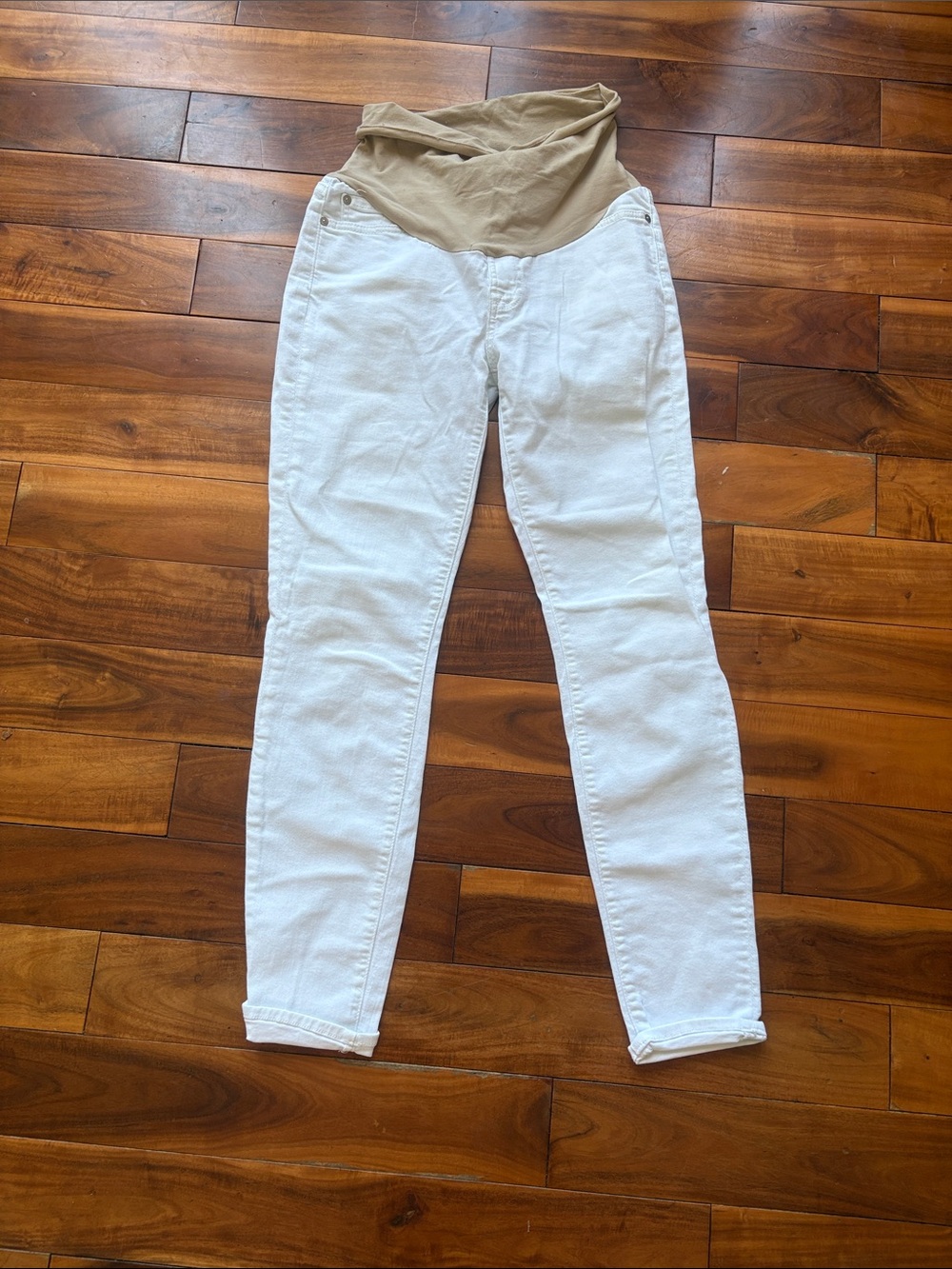 Maternity White Jeans with Tan Stretch Waistband